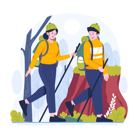 Young couple is climbing a mountain together  Illustration