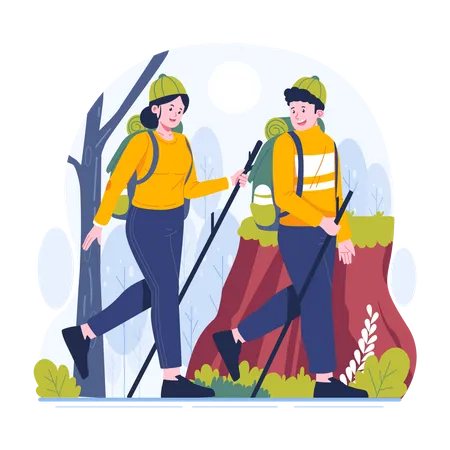 Young couple is climbing a mountain together  Illustration