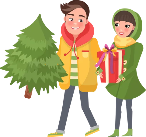 Man And Woman With Spruce Isolated Vector Merry Couple Returns From Shopping Christmas Tree And Packages Happy Young Family Getting Ready To Xmas Eve Illustration