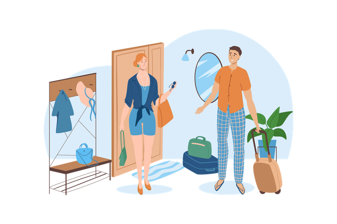 Young couple is going to leave the apartment before a big journey  Illustration