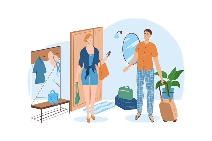 Young couple is going to leave the apartment before a big journey  Illustration