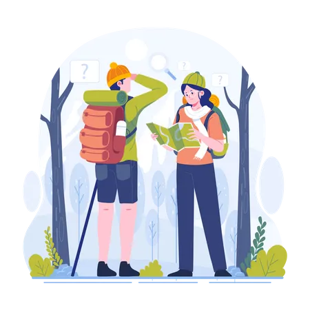 Young couple is reading a map while hiking a mountain  Illustration