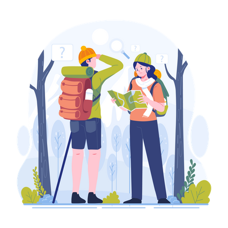 Young couple is reading a map while hiking a mountain  Illustration