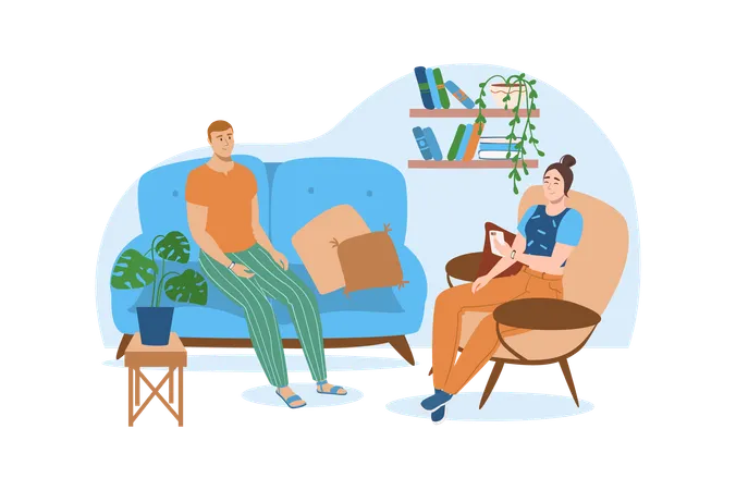 Interior Blue Concept With People Scene In The Flat Cartoon Style Young Couple Is Relaxing In A Cozy In A Living Room Vector Illustration Illustration