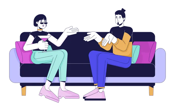 Young Couple Talking On Sofa 2 D Linear Cartoon Characters Man And Woman Chilling At Party Isolated Line Vector People White Background Comfortable Communication Color Flat Spot Illustration Illustration