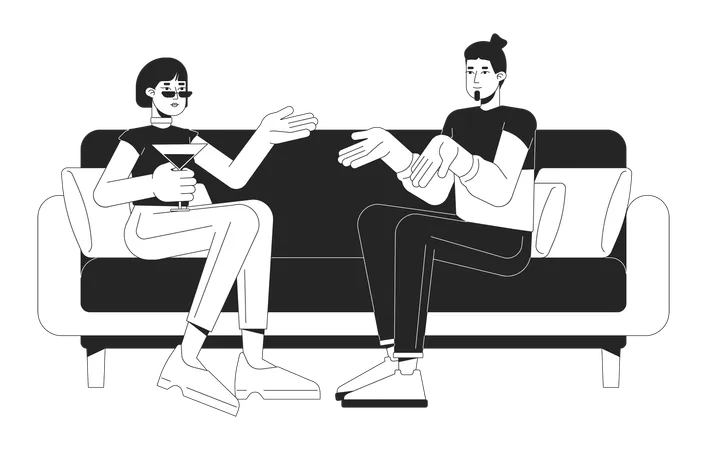 Young Couple Talking On Sofa Black And White 2 D Line Cartoon Characters Man And Woman Chilling At Party Isolated Vector Outline People Comfortable Communication Monochromatic Flat Spot Illustration Illustration