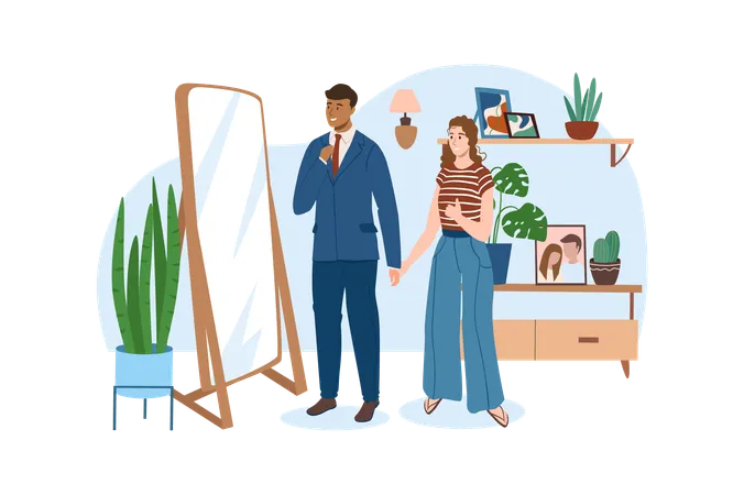 Interior Blue Concept With People Scene In The Flat Cartoon Style Young Couple Look At Themselves In The Mirror Before Going Out Vector Illustration Illustration