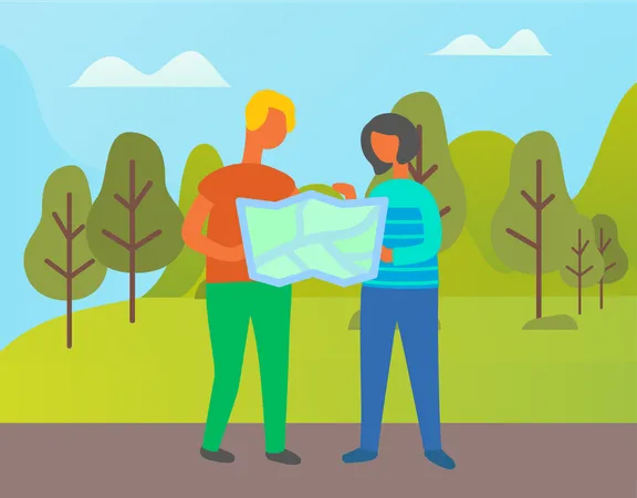 Young couple looking at map  Illustration