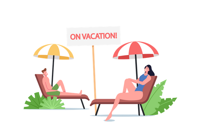 Young couple Lounging on Chaise Lounge under Sun Rays Relaxing on Sea Beach at Summer Time Illustration