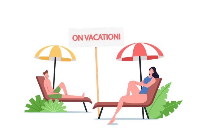 Young Man And Woman Lounging On Chaise Lounge Under Sun Rays Relaxing On Sea Beach At Summer Time Vacation Tourist Characters Relax On Seaside Resort On Holidays Cartoon People Vector Illustration Illustration