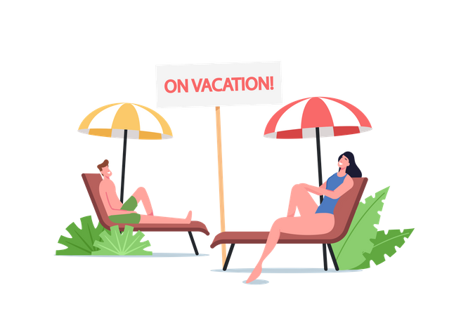 Young couple Lounging on Chaise Lounge under Sun Rays Relaxing on Sea Beach at Summer Time  Illustration