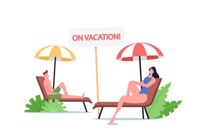 Young couple Lounging on Chaise Lounge under Sun Rays Relaxing on Sea Beach at Summer Time  Illustration