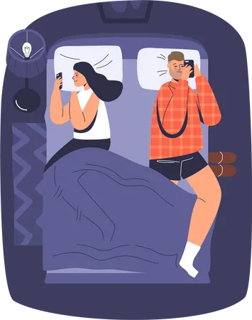 Young Couple Lying In Bed With Smartphone Man And Woman Use Mobile Phones In Bedroom Scrolling Social Media And Web Application Or Messengers Cartoon Flat Vector Illustration Illustration