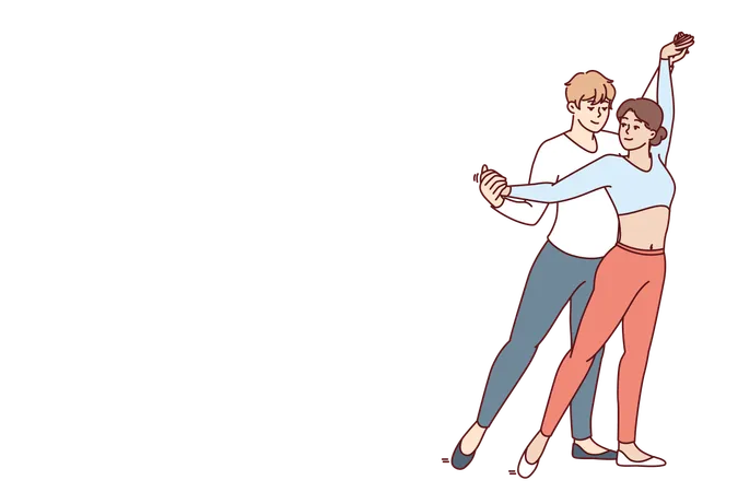 Young Couple Performs Passionate Dance Semba Salsa Or Kizomba Bachata Wishing To Become Professional Dancers And Perform In Front Of Audience Man Hugging Woman From Behind Performing Salsa Dance Illustration