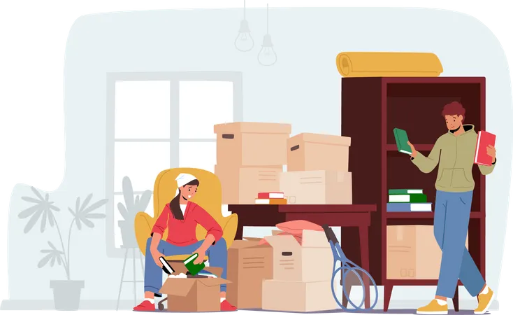 Young Couple Characters Moving Into New Home Man And Woman Unpacking Cardboard Boxes With Books Loving Pair Relocation And Move To New House Concept Cartoon People Vector Illustration Illustration