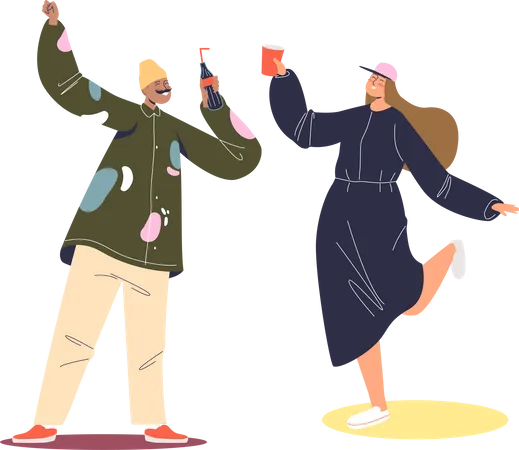 Young couple of hipsters dancing and drinking  Illustration