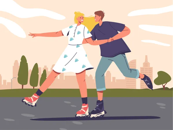 Young Couple Characters On Roller Skates Glide Effortlessly Maintain Balance With Wheels Underfoot They Navigate City Park Exuding Joy And Freedom In Movement Cartoon People Vector Illustration Illustration