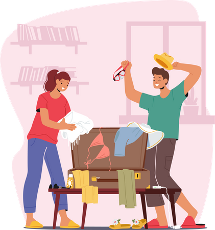 Young Couple Packing Suitcase Together  Illustration