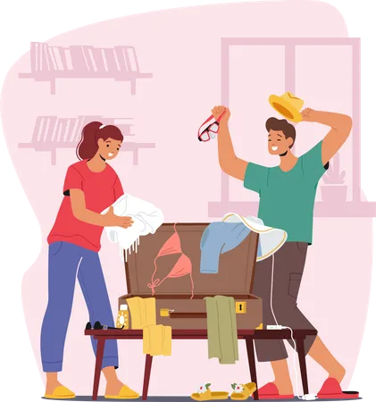 Young Couple Packing A Suitcase Together Deciding On What To Bring For Their Upcoming Trip The Image Captures The Excitement And Anticipation Of Traveling Cartoon Vector Illustration Illustration