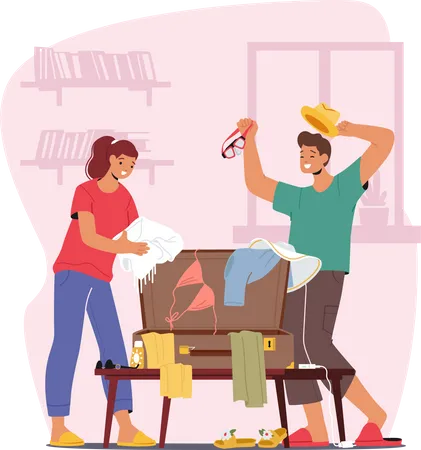 Young Couple Packing Suitcase Together  Illustration