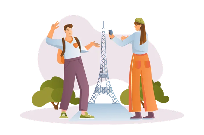 Young couple photographed near Eiffel Tower  Illustration