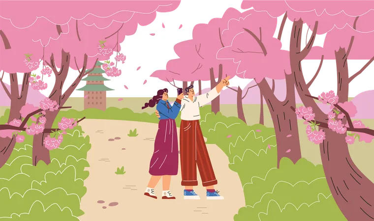 Young couple photographing sakura flowers  Illustration