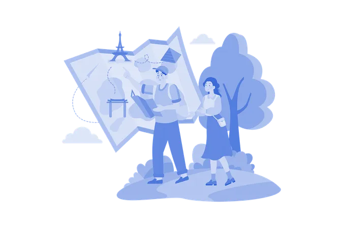 Couple Planning A Trip On The Map Illustration