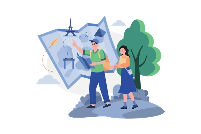 Couple Planning A Trip On The Map Illustration