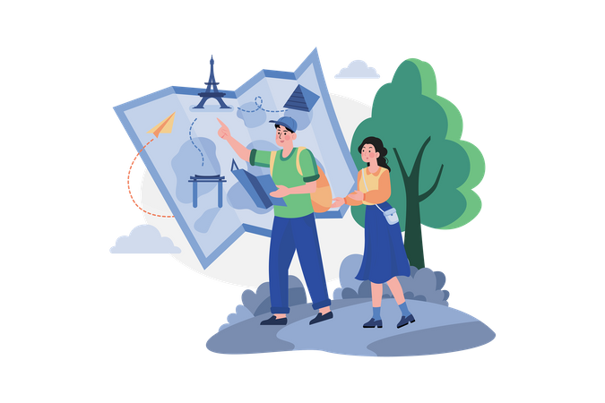 Young couple planning the route and looking at the map  Illustration