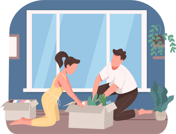 Young couple planting flowers  Illustration