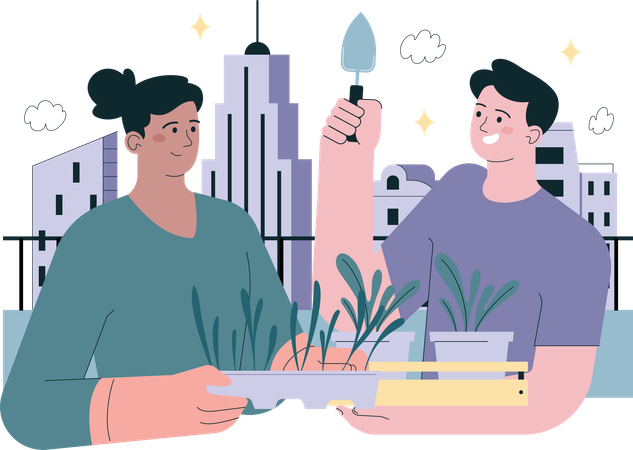 Young couple planting on terrace  Illustration