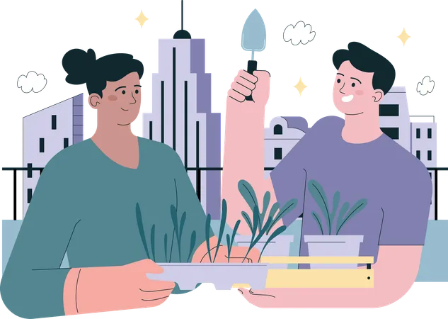 Young couple planting on terrace  Illustration