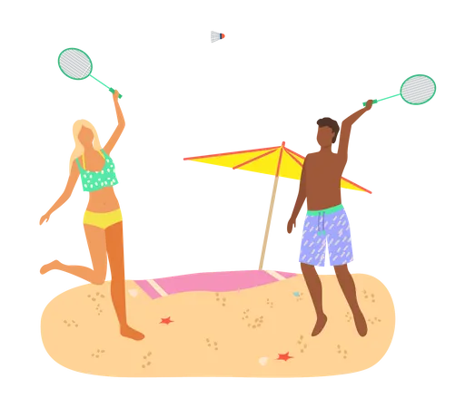 Young couple playing Badminton at beach  Illustration