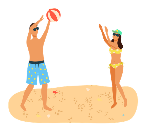Young couple playing beach ball at beach  Illustration