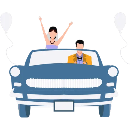 Young couple ride in car while celebrating  Illustration