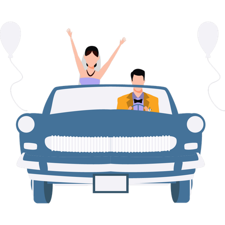 Young couple ride in car while celebrating  Illustration