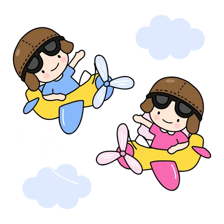 Young Couple Riding Aeroplane  Illustration