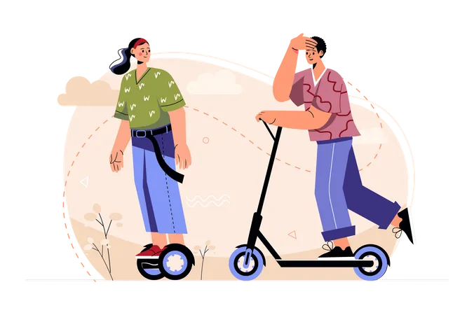Young couple riding on electric scooter  イラスト