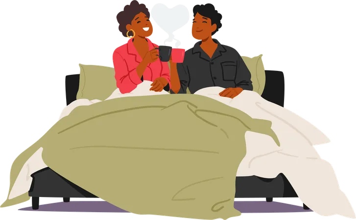 Black Couple Characters Wrapped In Cozy Blankets Clinks Coffee Cups Sharing Smiles Over A Breakfast In Bed Love Brewed In Every Sip Creating Cherished Moments In The Warm Embrace Of Morning Vector Illustration