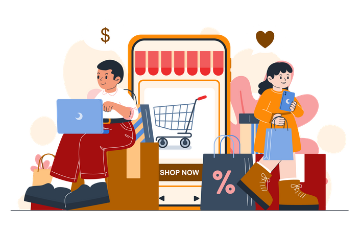 Young couple shopping online with application on mobile Illustration