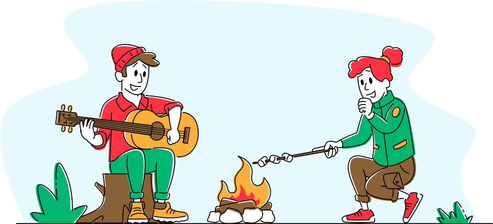 Young Couple Singing Song and  Frying Marshmallow on Camping Illustration