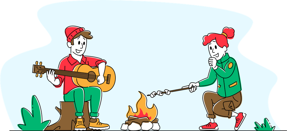 Young Couple Singing Song and  Frying Marshmallow on Camping  Illustration