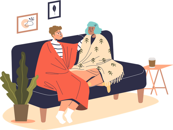 Young couple sit on couch covered with warm blankets indoors  Illustration
