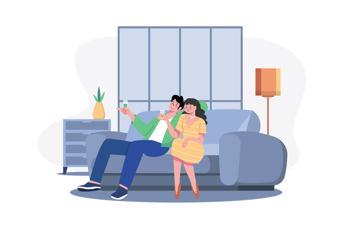 Young couple sitting at armchairs in the room holding wineglasses Illustration