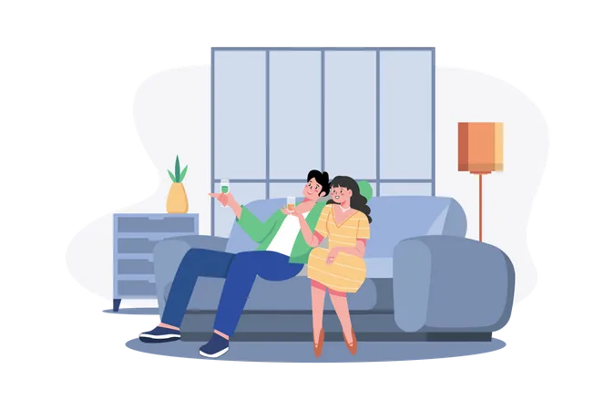 Young couple sitting at armchairs in the room holding wineglasses  Illustration