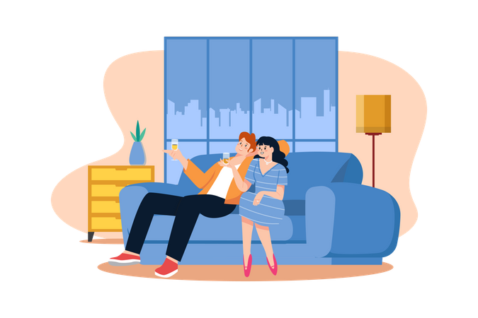 Young couple sitting at armchairs in the room holding wineglasses  Illustration