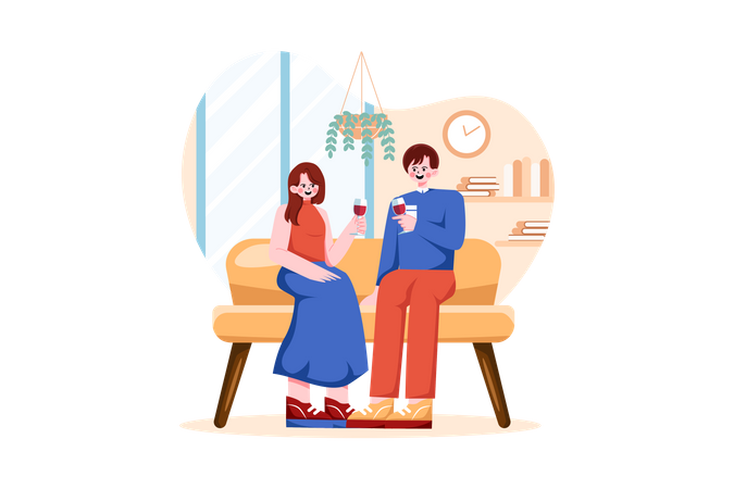 Young Couple Sitting At Armchairs In The Room Holding Wineglasses  Illustration