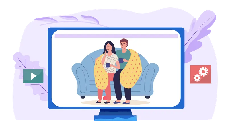 Young Couple Sitting On Sofa During Quarantine Guy And Girl Are Treated And Drink Tea At Home Man And Woman Wrapped In Blanket Hugging On Couch Coronavirus Pandemic Concept Covid 19 Treatment Illustration