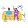 free young couple sitting on sofa illustrations