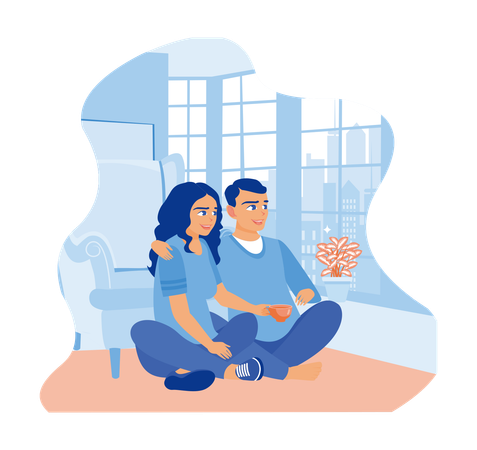 Young couple sitting on the floor inside the house  Illustration